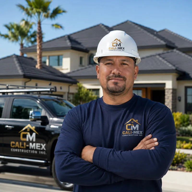 Cali-Mex Construction roofing foreman proudly standing on a high-end residential roof in Southern California